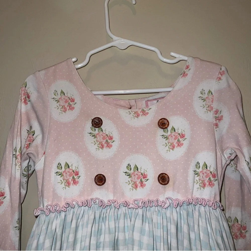 Sweethoney Play Condition Pink Floral & Blue Gingham Long-Sleeve Girls Dress